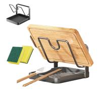 Kitchen Pot Lid Storage Rack, Multifunctional Stainless Steel Pot and Pan Organizer with Removable Drip Tray, Two-Compartment Spatula Holder for Counter Stove Top Kitchen Accessories (Black 2)