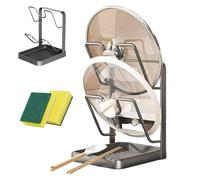 Kitchen Pot Lid Storage Rack, Multifunctional Stainless Steel Pot and Pan Organizer with Removable Drip Tray, Two-Compartment Spatula Holder for Counter Stove Top Kitchen Accessories (Black 1)