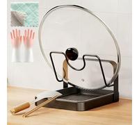 Kitchen Pot Lid Storage Rack, Pot Lid Organizer Rack, Multifunctional Kitchen Organizer Stand for Stove Top, Carbon Steel Pot Lid Holder with Tray While Cooking & Spoon Rest (Gray, Single-layer)