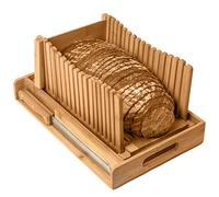 Kitchen Seven Cortador de pan de bambú con bandeja de migas de bambú para pan casero, pasteles de pan, cortador de bagels, 3 tamaños de rebanada, ajustable, compacto, plegable