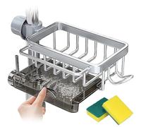 Kitchen Sink Faucet Organizer, Sink Organizer Rack for Kitchen and Bathroom, Sponge Holder for Kitchen Sink with Drain Tray, Dish Sponge Holder for 0.7-1.1inch Round Water Pipe (Right Silver)