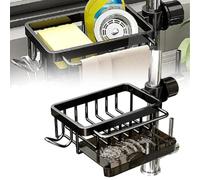 Kitchen Sink Faucet Organizer with Drain Tray, Kitchen Sink Divider, Faucet Storage Rack, Adjustable Dish Sponge Holder for 0.7-1.1inch Round Water Pipe (Black,Left side)
