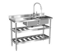 Kitchen Standing Double Bowl Sink Stainless Steel Utility Sink w/Pull-out Faucet for Commercial Restaurant Kitchen Size 47.2 * 17.7 * 31.9in (Double Bowl Sink)