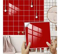 Kitchen Tile Stickers 20cm x 20cm Red Stick on Tiles Tile Stickers for Bathroom Stick on Wall Tiles Backsplash for Kitchen Stick on Tiles Self-Adhesive Vinyl Home Decoration (10 Pieces)