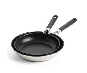 KitchenAid Classic Stainless Steel Set de 2 Sartenes de Acero Inoxidable con Cerámica Antiadherente Sin PFAS, 24 cm y 28 cm, Clad, Inducción, Mango Stay-Cool, Apto para Horno hasta 160°C, Plata