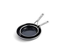 KitchenAid Juego de sartenes antiadherentes de cerámica de acero inoxidable de 20 cm y 28 cm, de inducción, revestimiento múltiple, color plateado