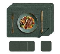 KitchenBoss Manteles Individuales Lavables y Posavasos de Imitación Piel, Juego de 4 Salvamanteles Individuales Mantel Individual para Uso en la Cocina, el Comedor y la Oficina, Verde, 43 x 30 cm