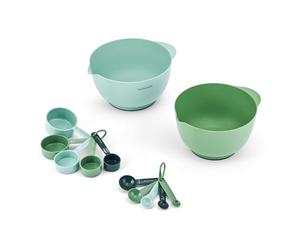 KitchenCraft 12-Piece Mixing Bowl & Measuring Set, 2 Stackable Mixing Bowls, 5 Measuring Cups and 5 Measuring Spoons, Green and Blue, Space-Saving Kitchen Prep Set for Cooking and Baking