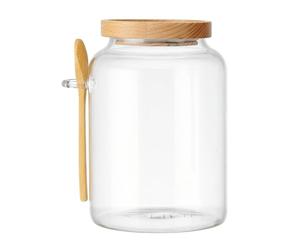 KitchenCraft Idilica tarro de cristal con tapa de madera de haya y cuchara de bambú, bote de cristal hermético con tapa de madera para almacenamiento y organización en la cocina, 12ml