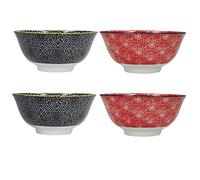 KitchenCraft Juego de 4 cuencos de gres esmaltado, Floral rojo y negro, 15,5 x 7,5 cm, en caja de regalo