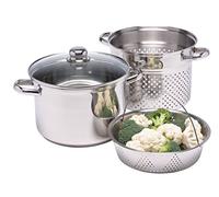 KitchenCraft Olla para pasta World of Flavours con colador y cesta para cocer verduras al vapor en caja de regalo, apta para inducción, acero inoxidable, 4 litros