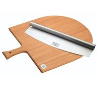 KitchenCraft World of Flavours Tabla y Cortador de Pizza de Bambú y Acero Inoxidable, 35 x 36 cm