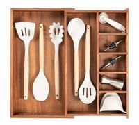 KitchenEdge Organizador de cajones de cocina ajustable para utensilios y basura, apto para alimentos, con madera 100% sostenible, antideslizante, expandible de 10.5 a 19 pulgadas de ancho, acacia