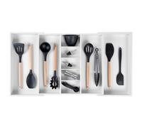 KitchenEdge Organizador de cajones de cocina ajustable para utensilios y basura, apto para alimentos, con madera 100% sostenible, expandible de 19 a 33 pulgadas de ancho, bambú blanco