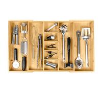 KitchenEdge Organizador de cajones de cocina ajustable para utensilios y chatarra, extensible a 28 pulgadas de ancho, 9 compartimentos, 100% bambú