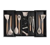KitchenEdge Organizador de cajones de cocina ajustable para utensilios y chatarra, extensible a 28 pulgadas de ancho, 9 compartimentos, 100% bambú