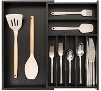 KitchenEdge Organizador de cubiertos, cubiertos y utensilios de para cajones de cocina, grado contractual seguro para alimentos, expandible de 10.5 a 19 pulgadas, bambú negro
