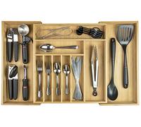 KitchenEdge Organizador de cubiertos y utensilios premium para cajones de cocina, ampliable a 71 cm de ancho, 10 compartimentos, 100% bambú