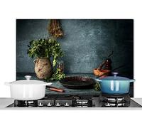 KitchenYeah© Antisalpicaduras Cocina 80x55 cm Protector Salpicaduras Pared Chapa Aluminio Kitchen Panel Vitrocerámica Accesorios Salpicadero Decoración Hierbas - Especias - Sartén - Cuchillo