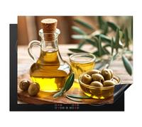 KitchenYeah© Cubre Vitrocerámica - Protector Vitroceramica Induccion 77x59 cm - Tapa Vitroceramica - Protector de Vitroceramica Naturaleza muerta - Aceitunas - Hojas - Aceite de oliva