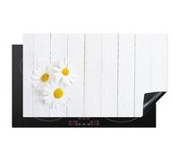 KitchenYeah© Cubre Vitrocerámica - Protector Vitroceramica Induccion 91x52 cm - Tapa Vitroceramica - Protector de Vitroceramica Flores - Margaritas - Madera - Blanco