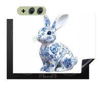 KitchenYeah© Cubre Vitrocerámica - Protector Vitroceramica Placa Induccion 52x70 cm - Antisalpicaduras Cocina, Encimera, Protectora Azul de Delft - Conejito - Blanco
