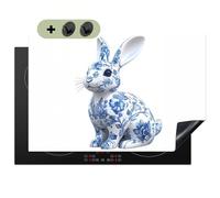 KitchenYeah© Cubre Vitrocerámica - Protector Vitroceramica Placa Induccion 52x78 cm - Antisalpicaduras Cocina, Encimera, Protectora Azul de Delft - Conejito - Blanco