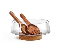 KITEISCAT Juego de cuencos de ensalada de vidrio extra grandes, cuencos de ensalada para fiestas con base de madera de acacia y utensilios para servir ensaladas, elegantes y prácticos imprescindibles