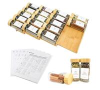 KitHero Organizador de cajones de especias con 18 tarros de especias con tapa de bambú, 216 etiquetas, 50 goma antideslizante, bandeja de condimentos de bambú de 4 niveles para cajones de cocina