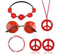 Kitimi Conjunto de accesorios hippie para mujer, accesorios años 60 y 70, accesorios Flower Power Incluye orejas hippie para mujer, collar Peace, correa para el pelo hippie