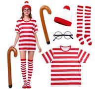 Kitimi Conjunto de disfraz de 5 piezas para mujeres adultas y niñas, camiseta a rayas rojas y blancas con lentes nerd, calcetines, gorro, muletas, accesorios, disfraz del Día Mundial del Libro