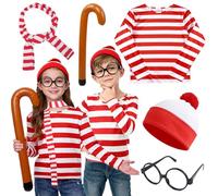 Kitimi Conjunto de disfraz de 5 piezas para niños y niñas, parte superior a rayas rojas y blancas con gafas nerd, bufanda, gorro, muletas, accesorios, disfraz del Día Mundial del Libro, disfraz de