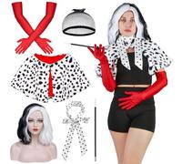 Kitimi Disfraz Cruella Devil Mujer, Peluca Cruella Devil Mujer, Mantón de con Guantes Rojos, Bufanda Blanca y Negra de Lunares, para Mardi Gras Halloween Cosplay