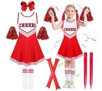 Kitimi Disfraz de animadora para niños y niñas, disfraz de animadora, disfraz de colegio, niña, uniforme, vestido con pompones, calcetines, pinzas para el pelo, para carnaval, fiestas, cosplay