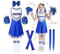 Kitimi Disfraz de animadora para niños y niñas, disfraz de animadora, disfraz de colegio, niña, uniforme, vestido con pompones, calcetines, pinzas para el pelo, para carnaval, fiestas, cosplay
