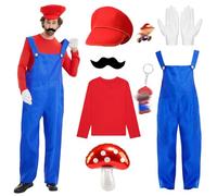 Kitimi Disfraz de Bros Cosplay para Adultos, 8pcs Super Cosplay Costume de camiseta Pantalón Sombrero Guante Llavero, Hombre Mujer Disfraz de Carnaval de Halloween