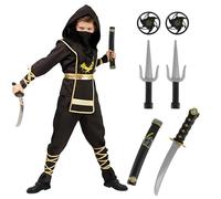 Kitimi Disfraz de ninja para niños, color negro y dorado, 14 unidades, disfraz de ninja, carnaval, juego con accesorios ninja, espada Katana, plástico, ninja, samurai, disfraz para niños y niñas,