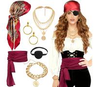 Kitimi Disfraz de Pirata Accesorios Mujer, 7 Piezas Accesorios para Disfraz de Pirata con Pañuelo, Pendientes y Collar para Carnaval, Halloween Mujer y Hombre