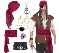 Kitimi Disfraz de Pirata Accesorios Mujer Hombre, 7 Piezas Accesorios para Disfraz de Pirata con Pañuelo, Pendientes y Collar para Carnaval, Halloween Mujer y Hombre