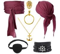 Kitimi Disfraz de pirata para mujer y hombre, accesorio de disfraz de pirata con pañuelo para la cabeza, pendientes, collar, disfraz pirata, accesorios para carnaval, Halloween y fiesta pirata, niños