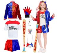 Kitimi Disfraz de Quin Niñas, Costume Quin Niños DisfraZ de Villano con Chaqueta, Camiseta, Pantalones Cortos, Guante, llavero, Disfraces Joker Cosplay para Halloween Carnava Navidad