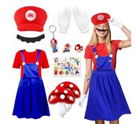 Kitimi Disfraz de Super Fontanero Hermanos Adulto Mujer- Cosplay Kostüm Damen Outfit Gorros Bigotes Guantes Botones Tirantes Cosplay Accesorio für Helloween Weihnachten Karneval Faschingskostüme