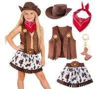 Kitimi Disfraz de vaquera para niña, disfraz de vaquero marrón para niñas con bandana, chaleco, sombrero, falda, llavero, cowboys occidentales, juego de ropa para fiesta temática de Carnaval Cosplay
