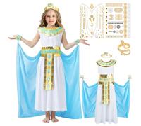 Kitimi Disfraz Egipcia Niña Azul, Disfraz Cleopatra Niña con Capa y Cinturón,Vestido Egipcia Faraona para Cosplay, Halloween, Carnaval y Fiestas de Cumpleaños 9 a 10 Años