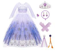 Kitimi Disfraz Elsa Princesa Niña, Elsa Vestido Princesa Niñas de Dibujos Animados con Accesorios de Corona y Varita Peluca, 3-8 Niña Disfraz para Fiesta Cumpleaños Cosplay Carnaval Navidad Halloween
