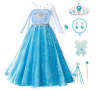Kitimi Disfraz Elsa Princesa Niña, Elsa Vestido Princesa Niñas de Dibujos Animados con Accesorios de Corona y Varita Peluca, 3-8 Niña Disfraz para Fiesta Cumpleaños Cosplay Carnaval Navidad Halloween