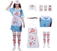 Kitimi Disfraz Enfermera Zombie Mujer, Disfraz Halloween con Calcetines Gorra Delantal Sangriento, Sangrienta Uniforme de Enfermera, Traje de Zombie para Disfraces Cosplay