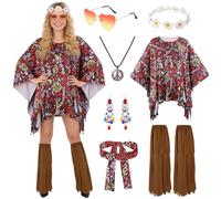 Kitimi Disfraz hippie para mujer, 7 piezas, disfraz de carnaval para mujer, disfraz de los años 60 y 70, con poncho hippie, mangas de piernas, diadema para gafas de sol, ropa para carnaval, discoteca