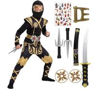 Kitimi Disfraz Ninja Niños, Ninja Disfraz Musculo con Accesorios, Disfraz Halloween Niño para Cosplay, Disfraz Niño para Fiesta, Carnaval, Navidad, Cumpleaños Verde Dorado