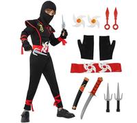 Kitimi - Disfraz Ninja para niños, negro, rojo, conjunto de ninja, con dardos, guantes de dagas, espada corta, Ninja Cosplay conjunto para Halloween, fiesta de Kung Fu carnaval, Navidad, fiesta